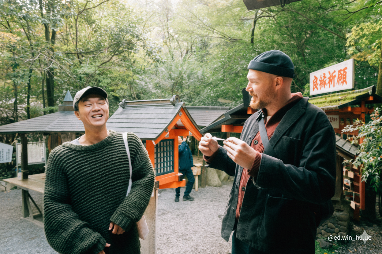 Ben speaking with a guest in Arashiyama